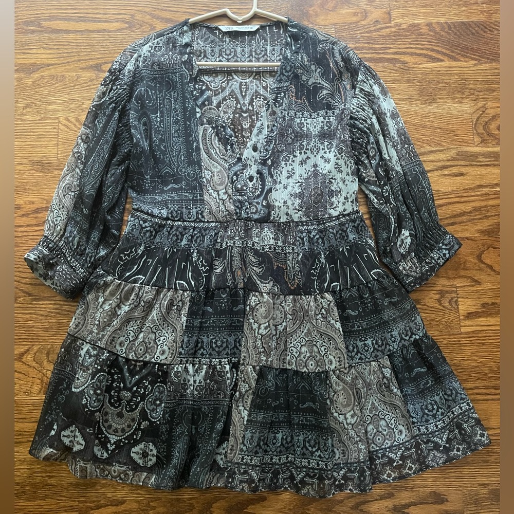 Zara Green Semi-sheer Tiered Mini Dress